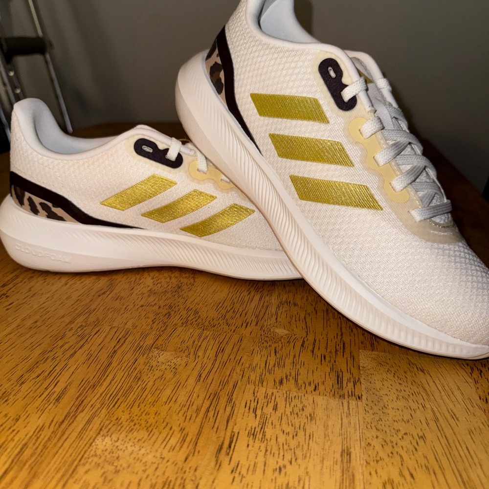 Adidas White and Gold & Cheetah Print Athletic Shoes